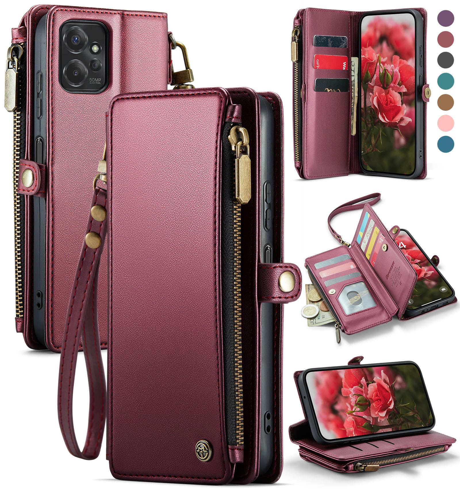Photo 1 of Defencase Wallet Case Compatible with Motorola Moto G Stylus 5G 2023 with RFID Blocking Zipper Card Holder Fashion Soft PU Leather Magnetic Snap Flip Strap Phone Case Wallet for Women Men, Wine Red