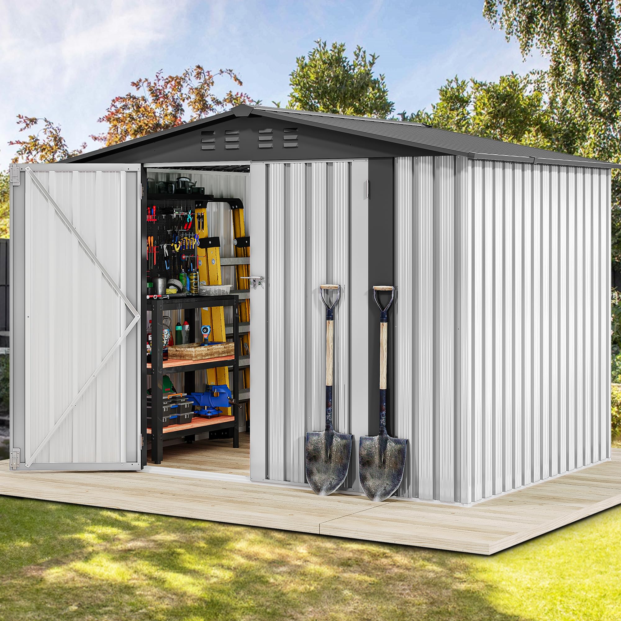 Photo 1 of ** PARTS ONLY**ONLY SIDE PANELS/ METAL SHEETS MISSING ROOF PARTS ** DWVO 8x6FT Outdoor Storage Shelter, Roomy Steel Tool Shed with Secure Entrances & Air Circulation for Patio, Lawn, and Backyard, Ideal for Storing Garden Gear, Lawn Tools, and Bikes, Whit