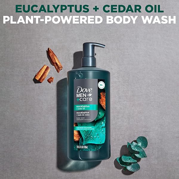 DOVE MEN + CARE BODY WASH EUCALYPTUS + CEDAR OIL TO REBUILD SKIN IN THE SHOWER WITH PLANT-BASED CLEANSERS AND MOISTURIZERS 26 OZ