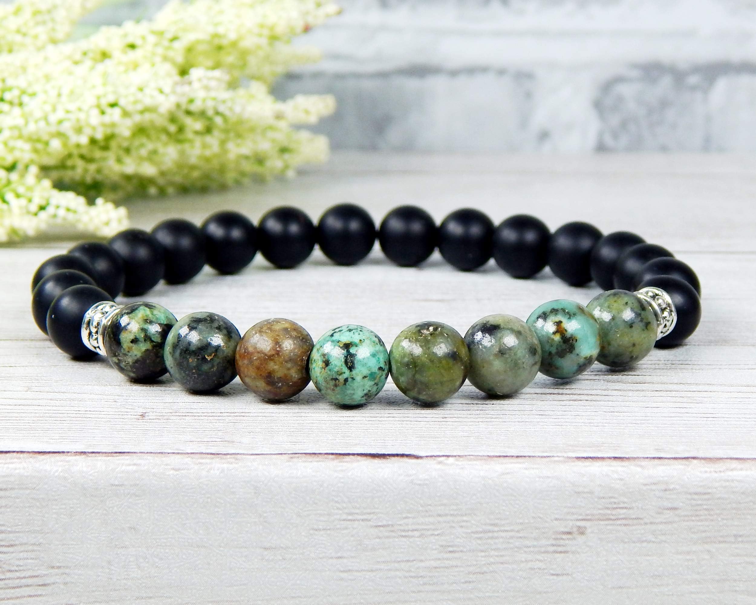 African Turquoise and Black Onyx Mens Beaded Boho Gemstone Bracelet