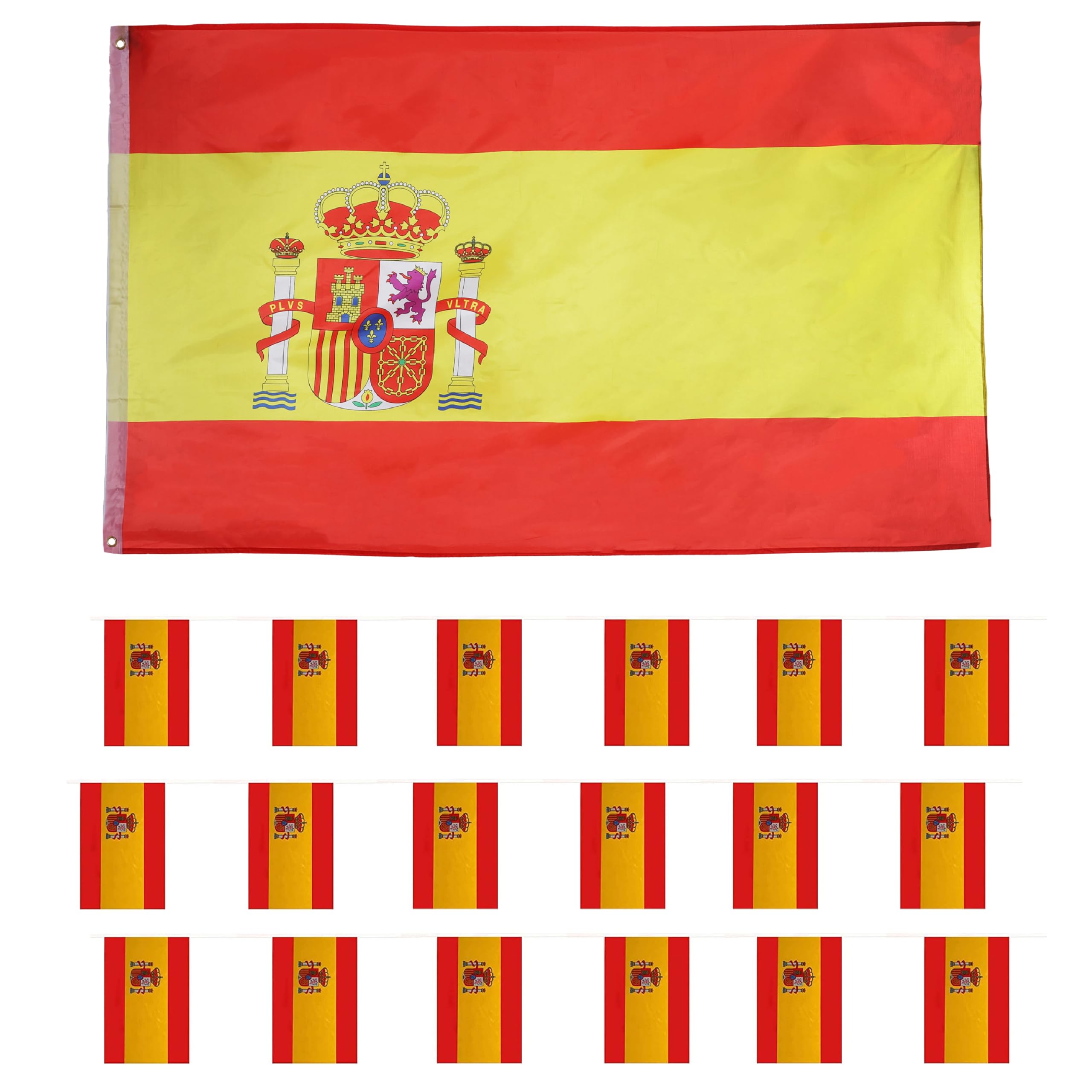 Spain Flag Bunting and Flag Set - Spanish - All Weather Bunting Approx 10m 30ft - 20 Flag - Large Flag with Grommets Approx 5 Ft x 3 Ft - Football, Rugby Events - Parties - Outdoor Sporting Events