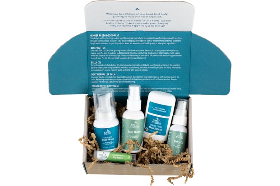 Earth Mama A Little Something for Mama-to-Be Gift Box | Maternity Safe Skin Care Set, Expecting and New Mom Gifts, Organic Body Wash, Belly Butter, Belly Oil, Deodorant and Lip Balm, 5 Pieces