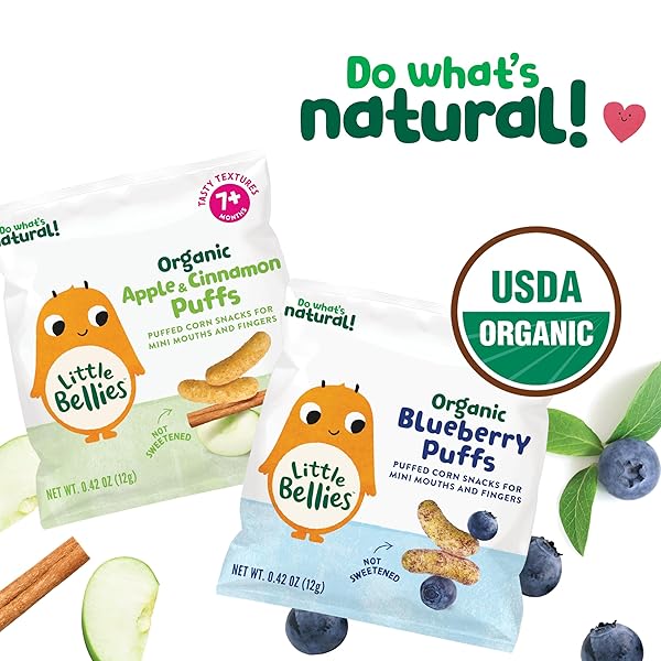 LITTLE BELLIES ORGANIC PUFFS VARIETY PACK, BLUEBERRY & APPLE AND CINNAMON (PACK OF 18)