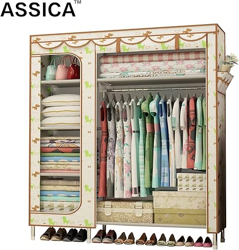 Amazon Assicaポータブルclothesクローゼットグリーン犬オックスフォード生地ワードローブthickeningスチールパイプストレージオーガナイザーホーム使用ベージュ 収納家具 オンライン通販