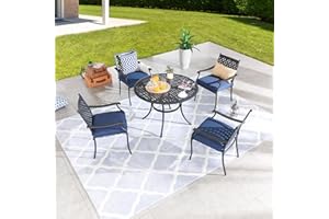 Festival Depot 5 Piece Patio Dining Set Metal Chairs with Seat Cushions and Round Iron Table with Umbrella Hole All Weather Outdoor Furniture for Bistro Deck Garden (Blue)