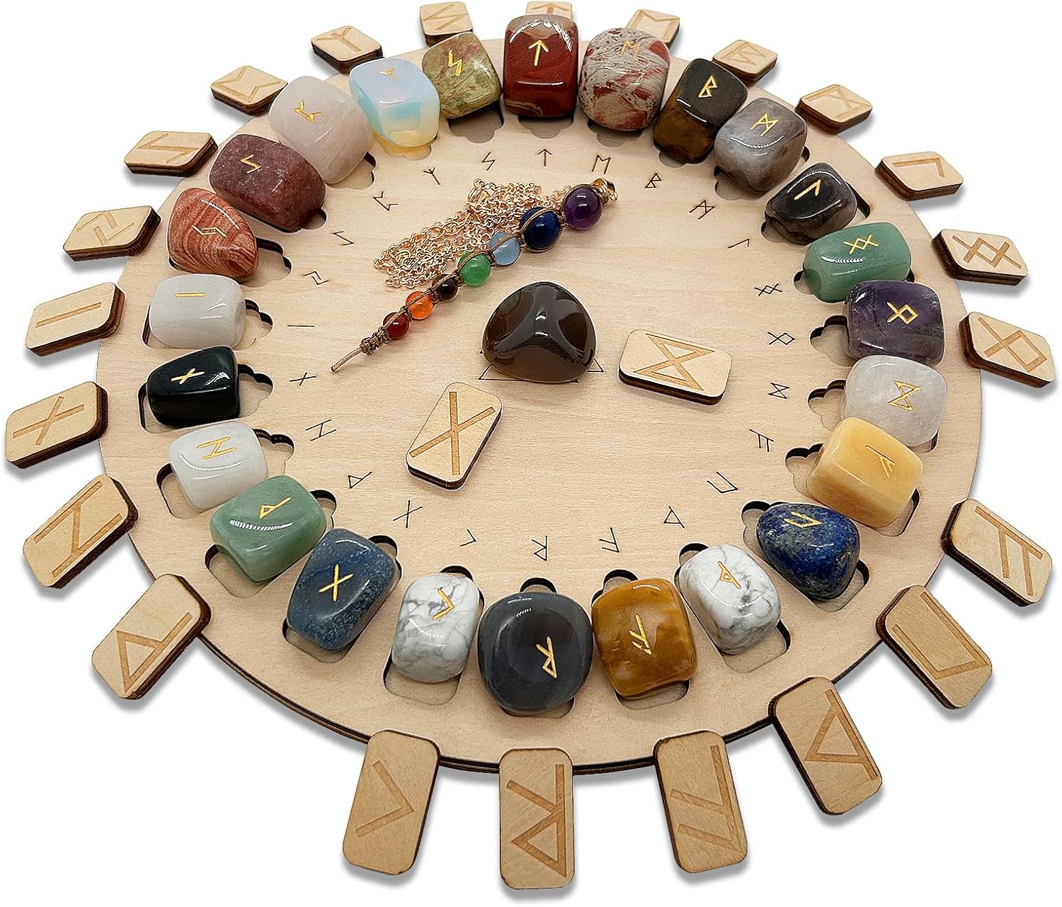 Indoor Fountains & Accessories - Rune Stone Set, Wooden Disc with Eternal Life Inscription and Mixed Color Crystal Rune Set for Meditation and Witchcraft Healing Chakra Stone (Mixed Chakra Rune Set)
