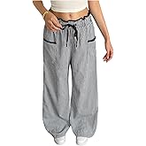 MakeMeChic Women's Gingham Straight Leg Long Pants Drawstring Paperbag Waist Loose Trousers with Pockets
