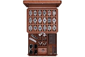 ROTHWELL 18-Slot Watch Case with Drawer – Luxury Watch Box for Men, Real Glass Top, Lockable, Display Case for Collections (Tan/Brown)