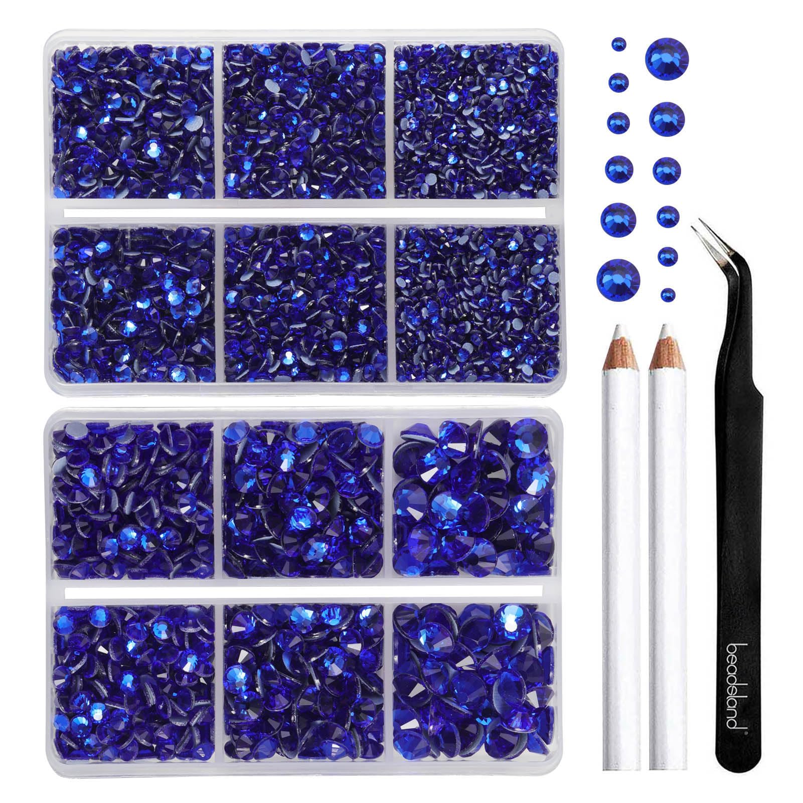 BEADSLAND Hotfix Rhinestones, 6080PCS Dark Blue Rhinestones for Clothes Crafts Mixed 6 Sizes with Wax Pencil and Tweezers Kit, SS6-SS30, Sapphire