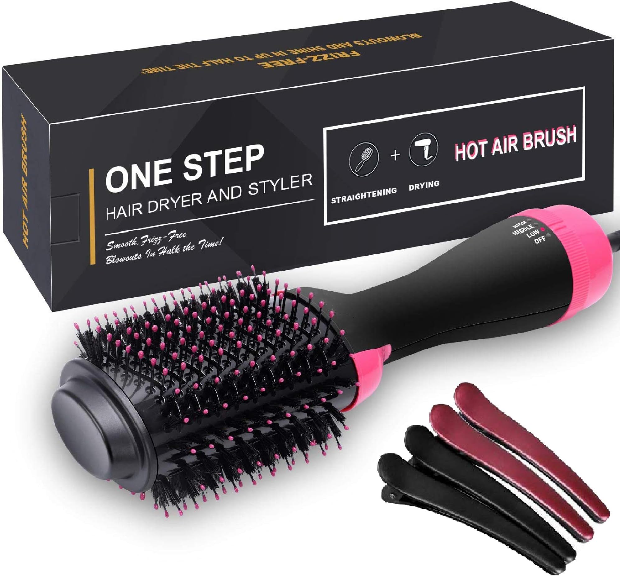 Hair Dryer Brush, 3-in-1 negative ion Straightening Brush Salon and Curly Hair Comb Reduce Frizz and Static, Blow Dryer Brush with 4 hairpins