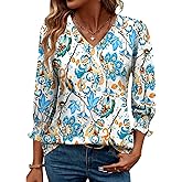 Rapbin 3/4 Length Sleeve Womens Tops Summer Trendy Puff-Sleeve V-Neck Blouses Dressy Casual Textured Smocked T-Shirt