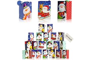 Iconikal 20-Pack Christmas Gift Bags, Small 4x6x2.5-Inch, Snowman Santa Reindeer, Ribbon Handles