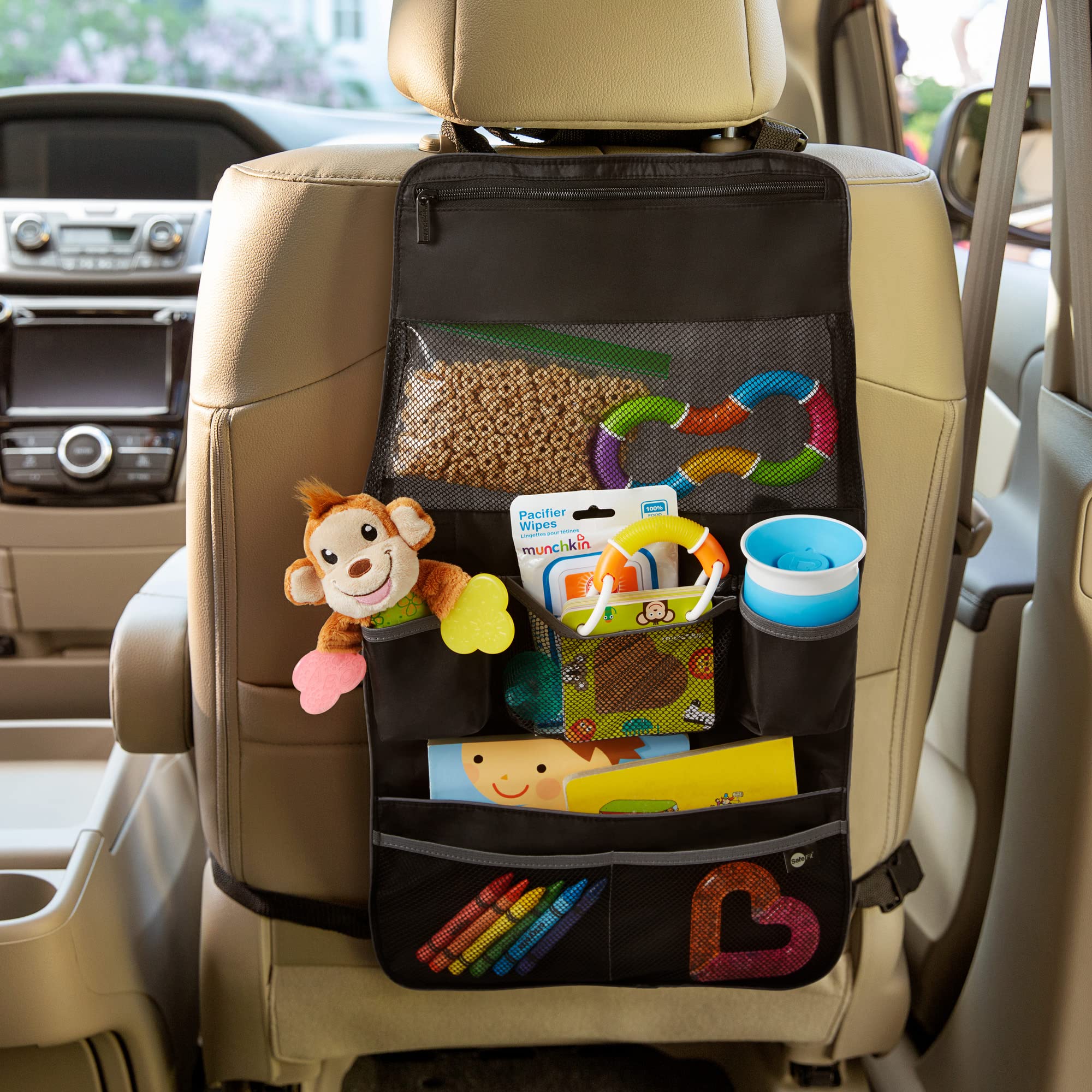 Munchkin 2-in-1 Car Seat Organiser and Kick Mat Protector, Includes large pockets for snacks, sippy cup and activities. Organiser can also be used on the back of a Pushchair/Stoller, Black