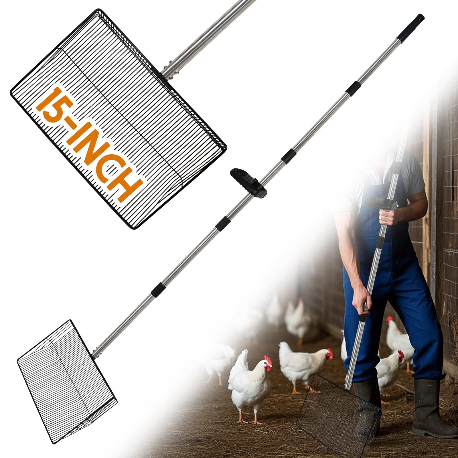 Photo 1 of ?15" Extra Large Chicken Coop Scooper – Heavy Duty Stainless Steel Adjustable Handle (24"-76") Chicken Poop Rake, 5 in 1 Dual-Use Sifting Shovel for Chicken Poop & Litter Cleaning Tool