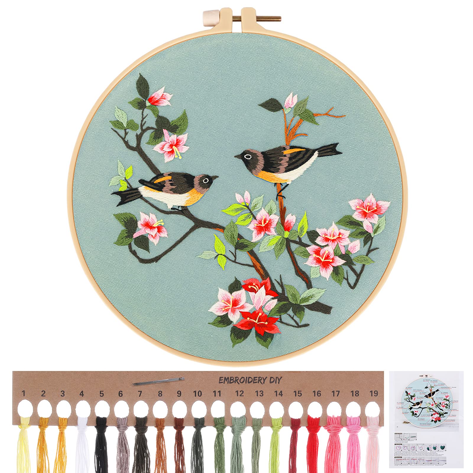 MWOOT DIY Embroidery Full Series Kits are Suitable for Adult Beginners, Cross Stitch Kits with Flowers and Birds Pattern, 20 cm Embroidery Hoop and Needle Thread