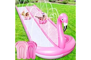 Foilswirl 20ft 3D Flamingo Slip Water Slide Double Lane Lawn Water Slides 3 Sided Safe Fence Heavy Duty Inflatable with 2 Bodyboards and Sprinkler for Boy Girl Outdoor Backyard Play