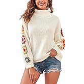 ZAFUL Flower Crochet Turtleneck Sweater for Women Pullover Puff Long Sleeve Boho Knit Sweaters Trendy Knitwear Tops