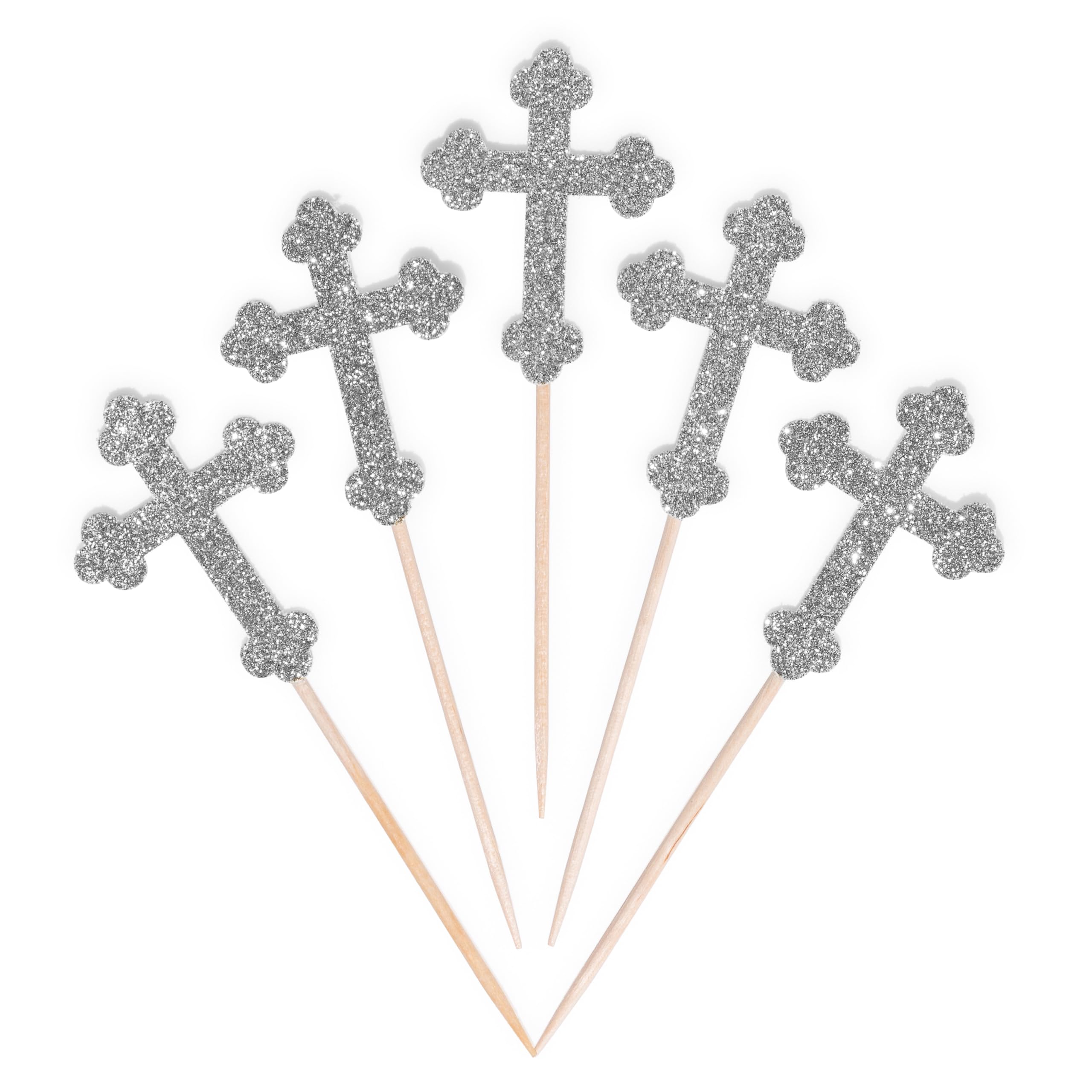 CloverCrafts 12 x Glitter Christian Cross Cupcake Toppers – Christening Decor (Silver)