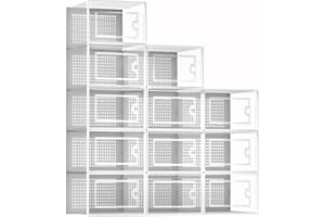 Kuject Shoe Organizers Storage Boxes for Closet, 12 Pack Clear Plastic Stackable Storage Bins with Lids, Under Bed Shoe Containers for Entryway, Drop Front, Fit up to Women's Size 10,White