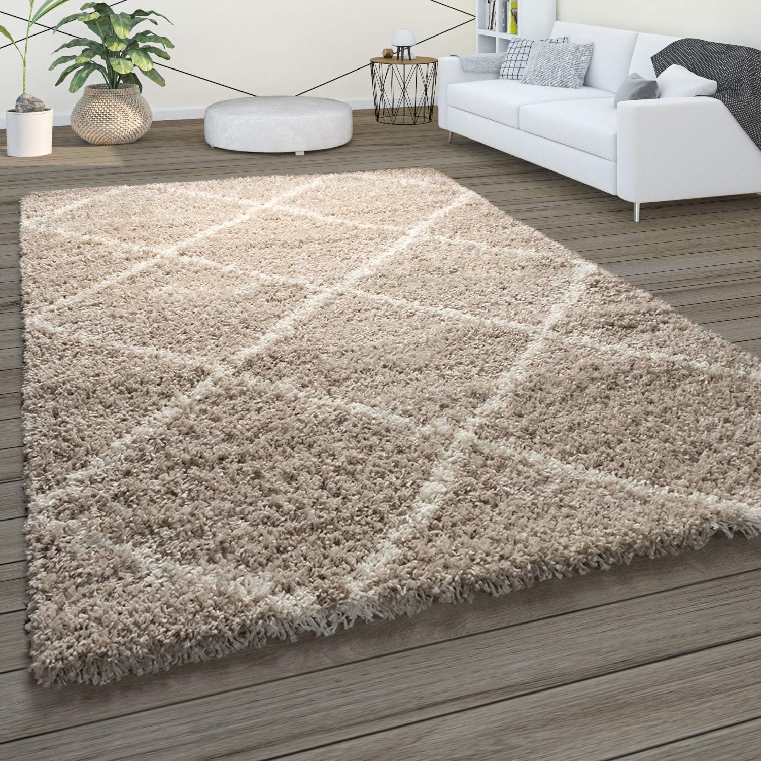 Paco Home Tapis À Poils Longs Shaggy Doux Salon Style Scandinave Avec Motif Losanges Dimension 