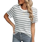 LILBETTER Summer T Shirts for Women Casual Striped Crewneck Basic Tops Short Sleeve Waffle Knit Hollow Out Shirt Blouses