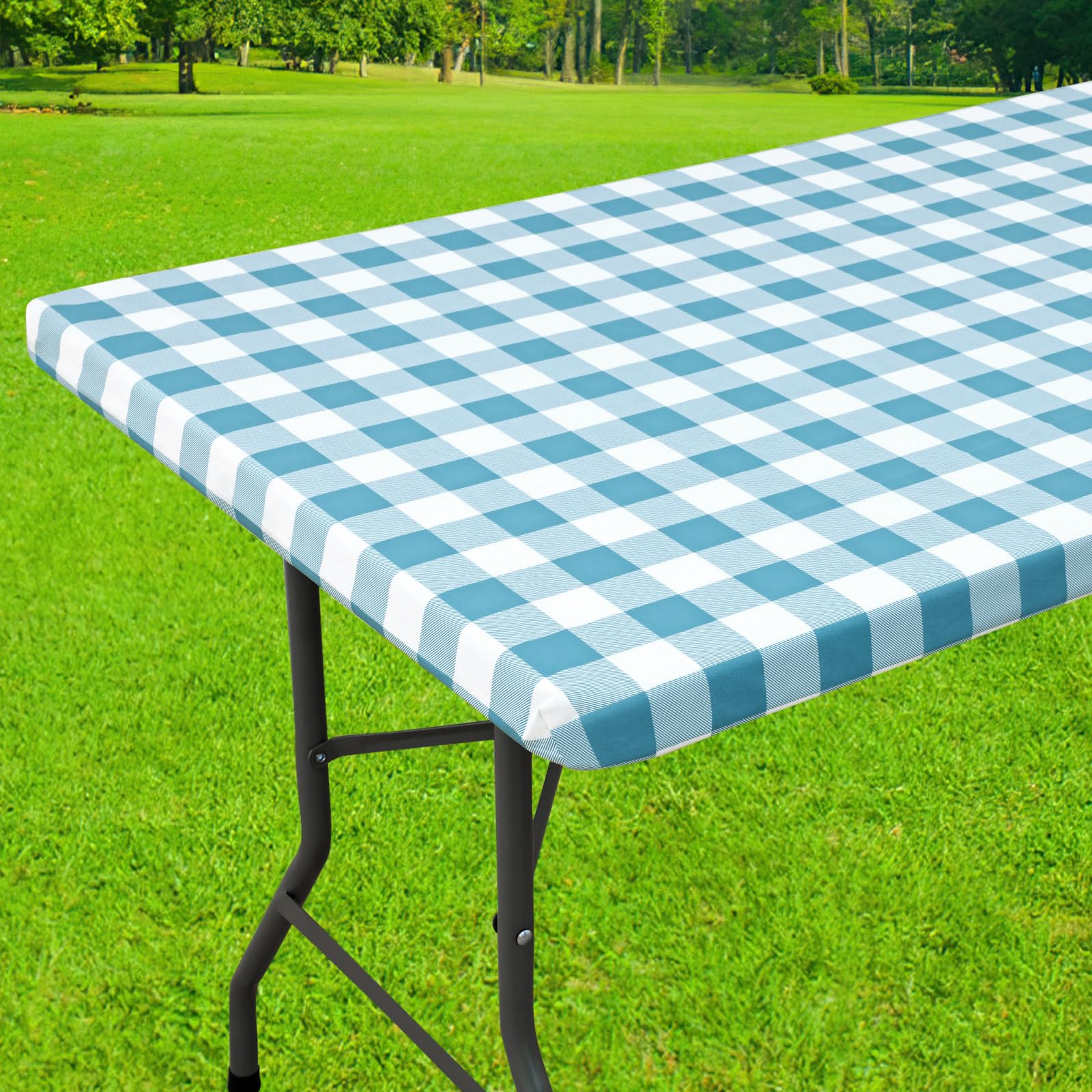 Smiry Rectangle Picnic Table Cloth, Elastic Waterproof Fitted Vinyl Tablecloths, Flannel Backed Buffalo Plaid Table Covers for Dining, Camping, Outdoor (White and Aqua, 36" x 60") Image