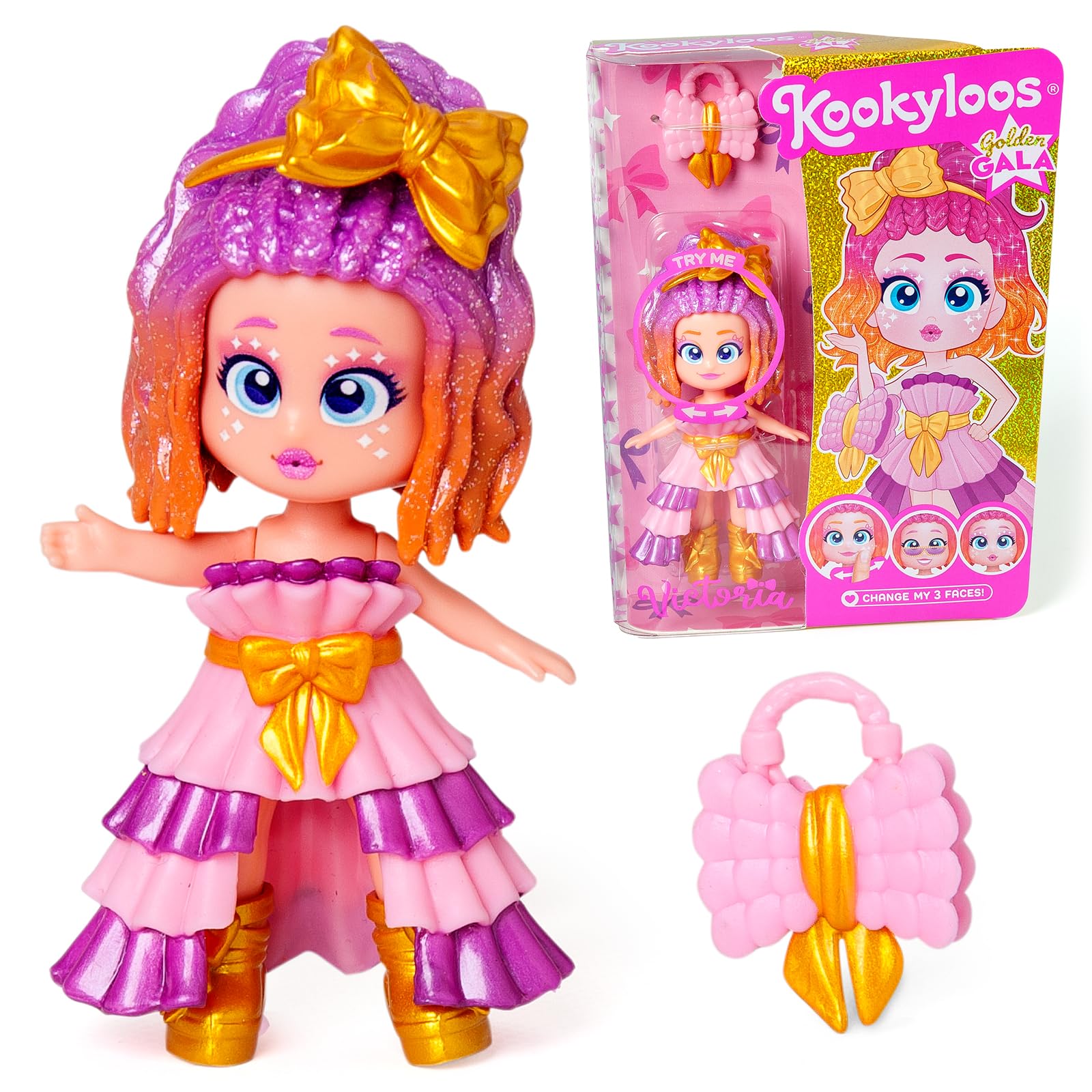 KOOKYLOOS Golden Gala Series VICTORIA, Collectable Doll Contains 1 Doll, 3 Different Faces, Bag, Fashionable Clothes and Shoes, 1 Accessory