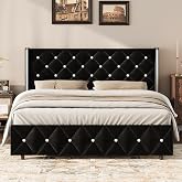 HOMBCK Queen Bed Frame with Velvet Headboard, Silverside Wingback, Black | Modern Style, Velvet Upholstered Headboard, Diamond Tufted Design, No Box Spring Required, Noise Free, Easy Assembly