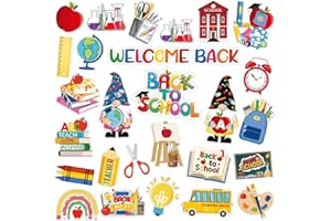 TELLINGYOU 43 Pcs Welcome Back to School Window Gel Clings Thick Classroom Window Clings Gnome Bus Rulers Book Backpack Back to School Stickers Decals for Party Classroom Decoration