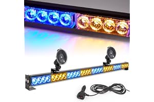 LE-JX Amber/Blue Emergency Strobe Light Bar 36 In 13 Flash Patterns Traffic Advisor Warning Hazard Windshield Safety Lights Bar with Cigar Lighter for Police Vehicles, Truck (35.5 Inch, Yellow/Blue 32 Led)