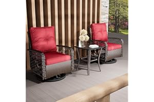 Aoxun 3 Pieces Outdoor Swivel Rocker Chair Set of 2 with Small Side Table Wicker Rattan Patio Furniture Set Outdoor Rocking Chair Set for Backyard, Balcony, Deck (Red)