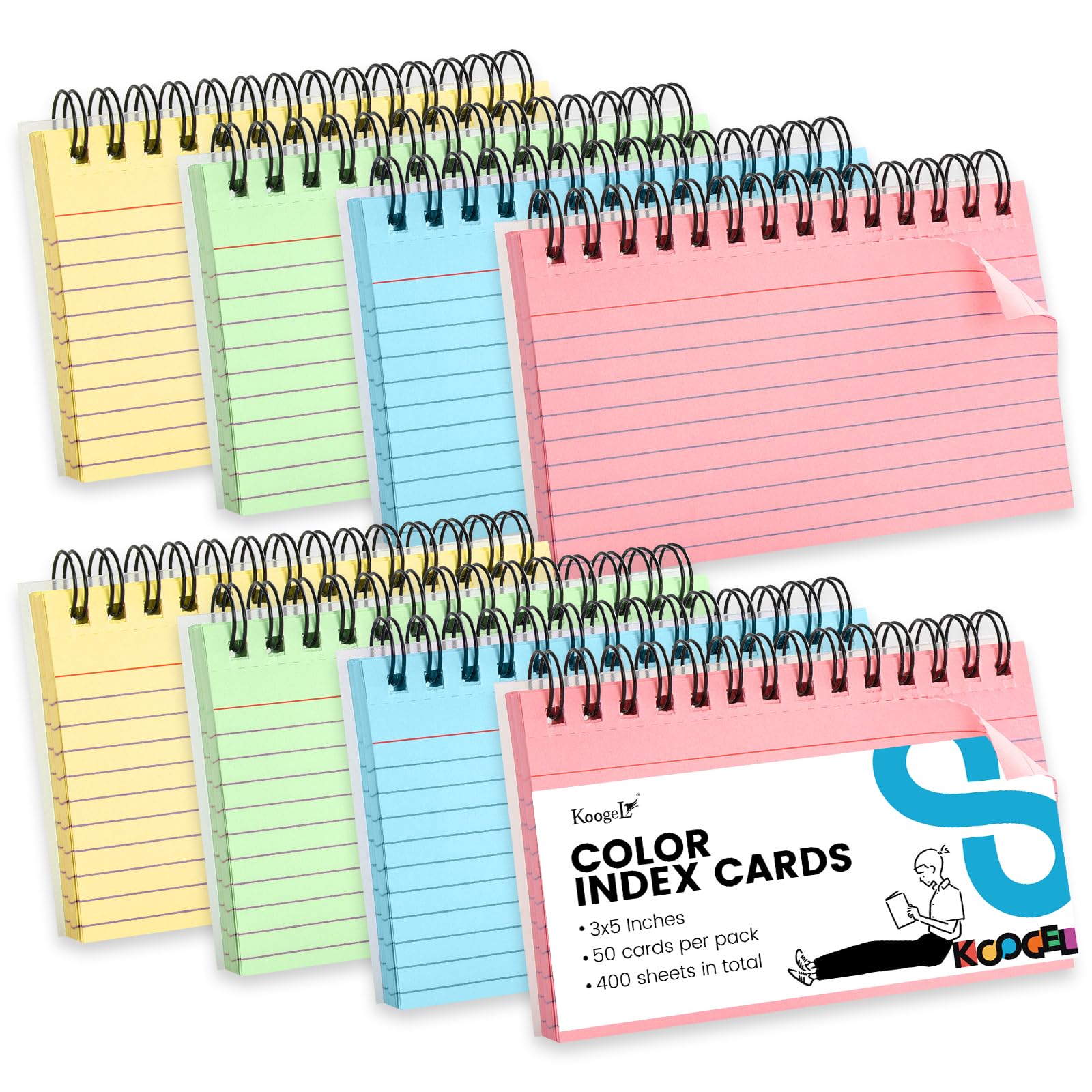 Koogel 3x5 Index Cards Ruled With Ring, 400 PCS Colored Spiral Flash Cards with Waterproof Covers, Heavy Weight Notecards with Spiral for Studying Learning Memory School College, 4 Colors