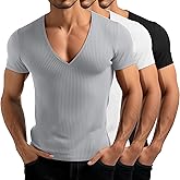 August Alley 3 Pack Men's Deep V Neck T-Shirts Ribbed Knit Slim Fit Muscle Tee Shirts Summer Casual Low Cut Stretch Tops