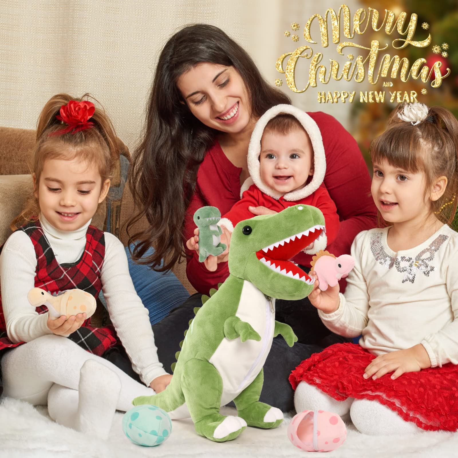 MorisMos 60cm hoch riesen Dino Kuscheltier XXL mit 3 Baby im Bauch, groß Dinosaurier Plüschtier Stofftier, weich Dino Spielzeug Plüschdino für Kleinkind Jungen Weihnachten Geschenk 8