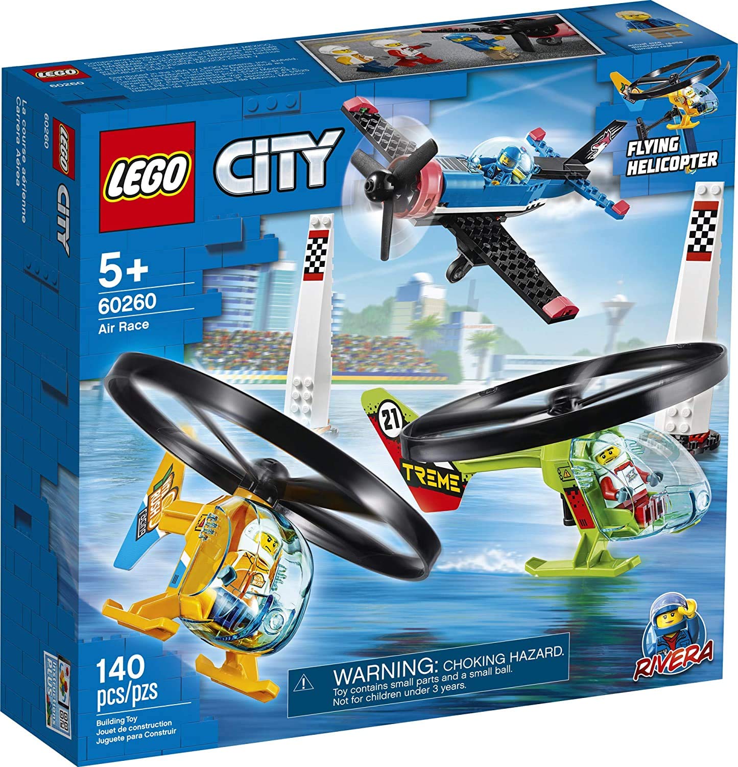 LEGO City Air Race 60260 Helicóptero volador de juguete, cuenta con 2 helicópteros Ripcord, avión acrobático de juguete, 2 pilones, además de minifiguras de piloto de Rivera, Xtreme y Vitarush (140 piezas)