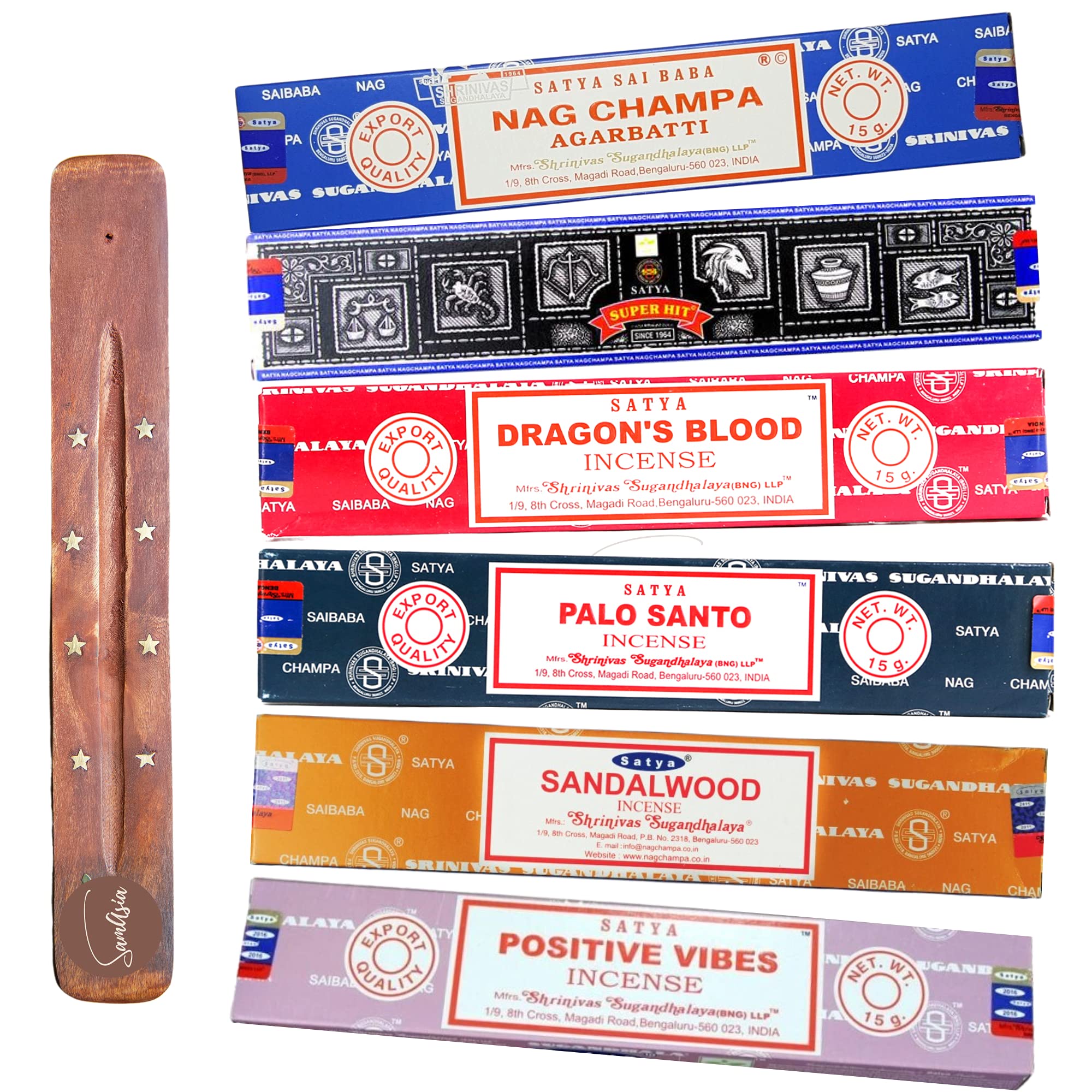 Satya Nag Champa Incense Sticks - 6 unique and premium flavours - Nag Champa Agarbatti, Super Hit, Dragons Blood, Palo Santo, Sandalwood, Positive Vibes and comes with SAMASIA incense holder
