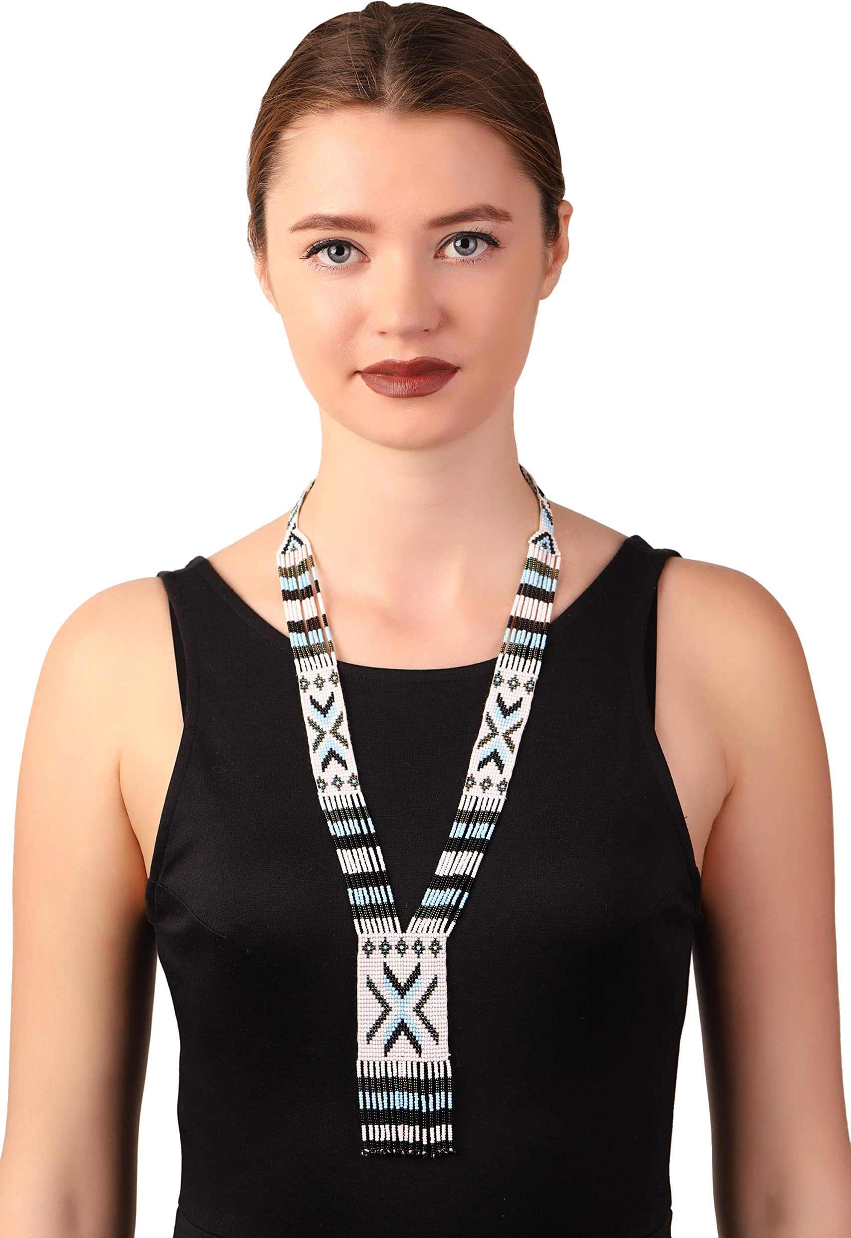 El Allure Preciosa Jablonex American Navajo Multi Colour Patterned Seed Bead Native Long Handmade Vintage Designer Unique Fashion Costume Seed Beaded Necklace for Women.