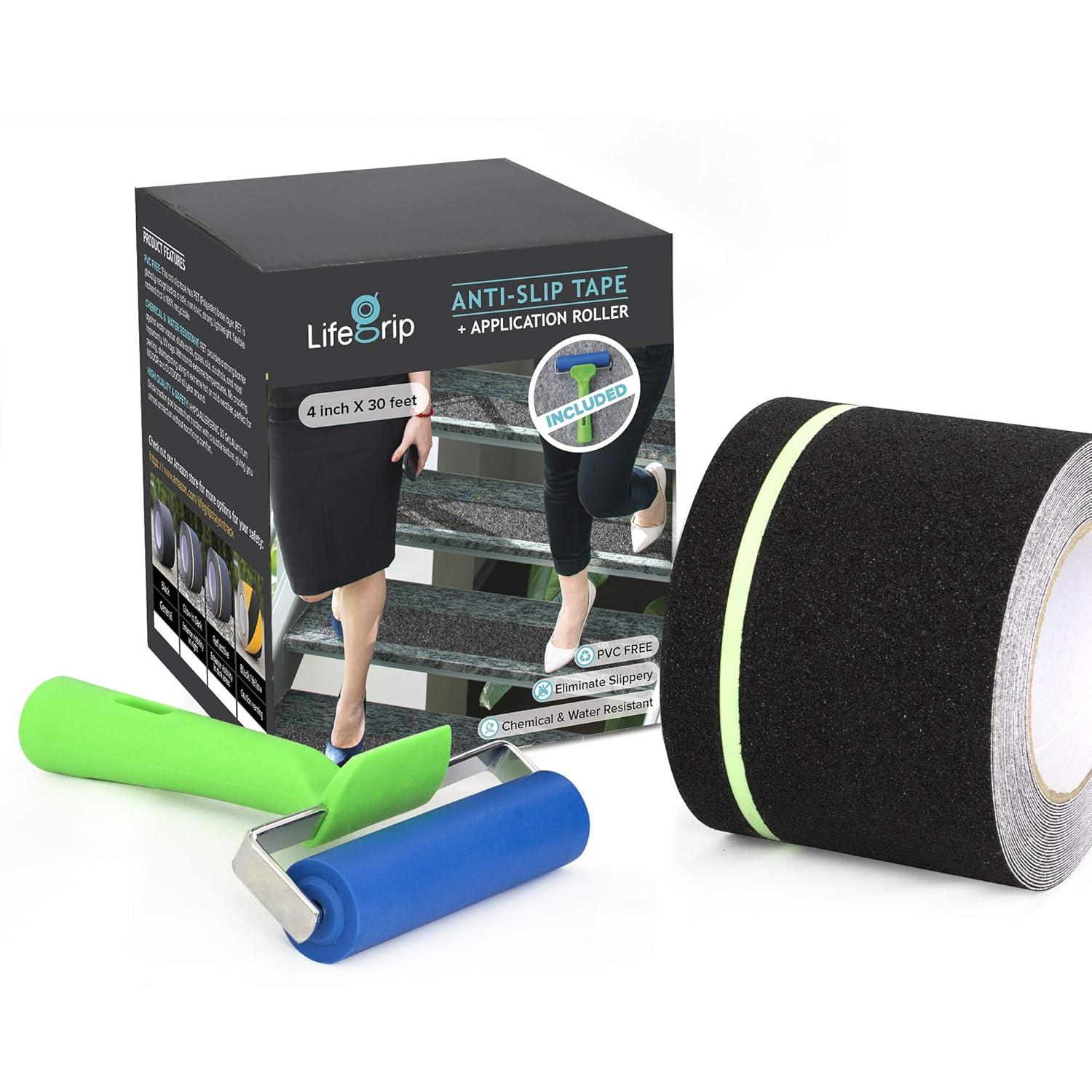 Anti Slip Traction Tape with Glow in Dark Green Stripe and Free Application Roller, 4 Inch x 30 Foot - Best Grip, Friction for Stairs, Tread Step, Black (4 inch X 30 feet Tape + Roller)