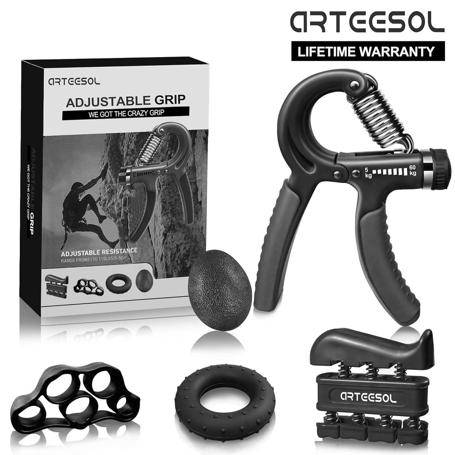 ARTEESOL Hand Grip Strengthener Forearm Trainer Kit 5Pack, Adjustable