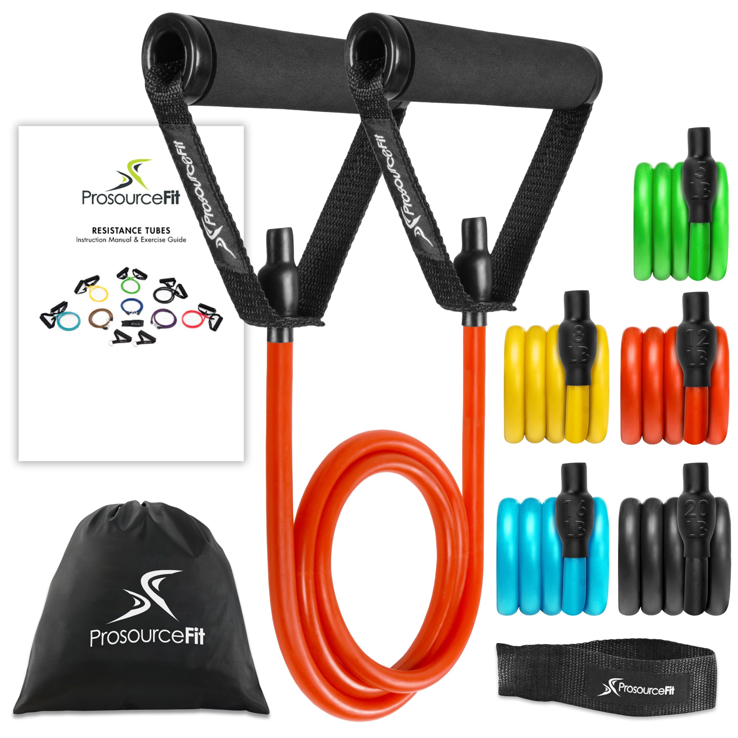 ProSource Premium Latex Resistance Exercise Band Set (Set of Five) With Door Anchor and Manual — image 1
