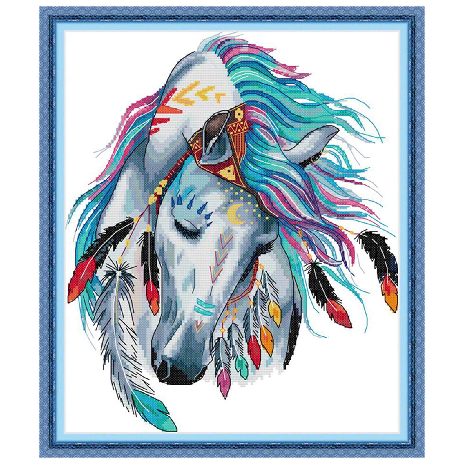 Funchey Counted Cross Stitch Kits Beginners Full Range of Embroidery Starter Kits for Adults Needlecrafts DMC Cross Stitching DIY Supplies Needlework kit 11CT-Rainbow Horse(15.4x18.5 inch)