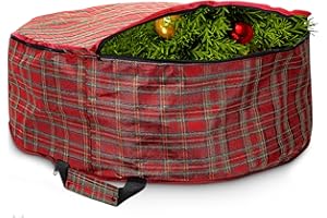 LAFBO Large 26" Christmas Wreath Storage Bag - Zippered, Heavy-Duty, Water-Resistant, Commercial Grade Material with Attached Handle, Store Garlands, Winter Coats, Ski Gear, and Holiday Decorations (Plaid)