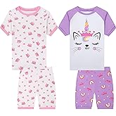 Joyond Girls Pure Cotton Summer Pjs Size 2T-14Years, Little Girls Short Sleeve 4-Piece Sleepwear Kids Toddler Pajamas Set