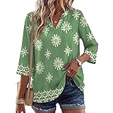 Rapbin Womens 3/4 Sleeve V Neck Floral Print Pleated Blouses for Women Dressy Casual Loose Fit Tops