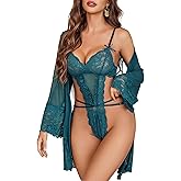 Avidlove Sexy Womens Lingerie Set 2 Piece Lace Teddy with Robe Mesh Bodysuit Nightgown