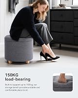 HNNHOME 45cm Round Linen Padded Storage Ottoman with Lid Lava view 2