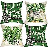Fjfz Happy St Patricks Day Decorative Throw Pillow Covers 18 x 18 Set of 4, Lucky Charm Shamrock Clover Mason Jar Porch Outdoor Home Decor, Plaid Bow Gold Coins Irish Spring Sofa Couch Cushion Case