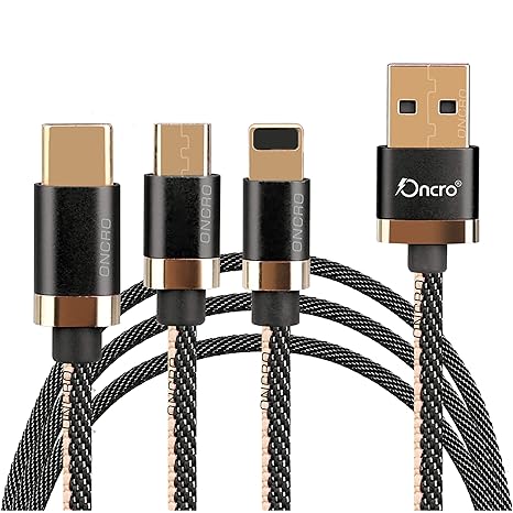 ONCRO® Black 3.0A 3 in 1 Cable Nylon Duo Jean Braided Fast, Rapid, Super Charging Cable for Micro USB, iPhone & Type C Devices. 3.3 ft 3in1 Charging Cable car Multi Charger Cable