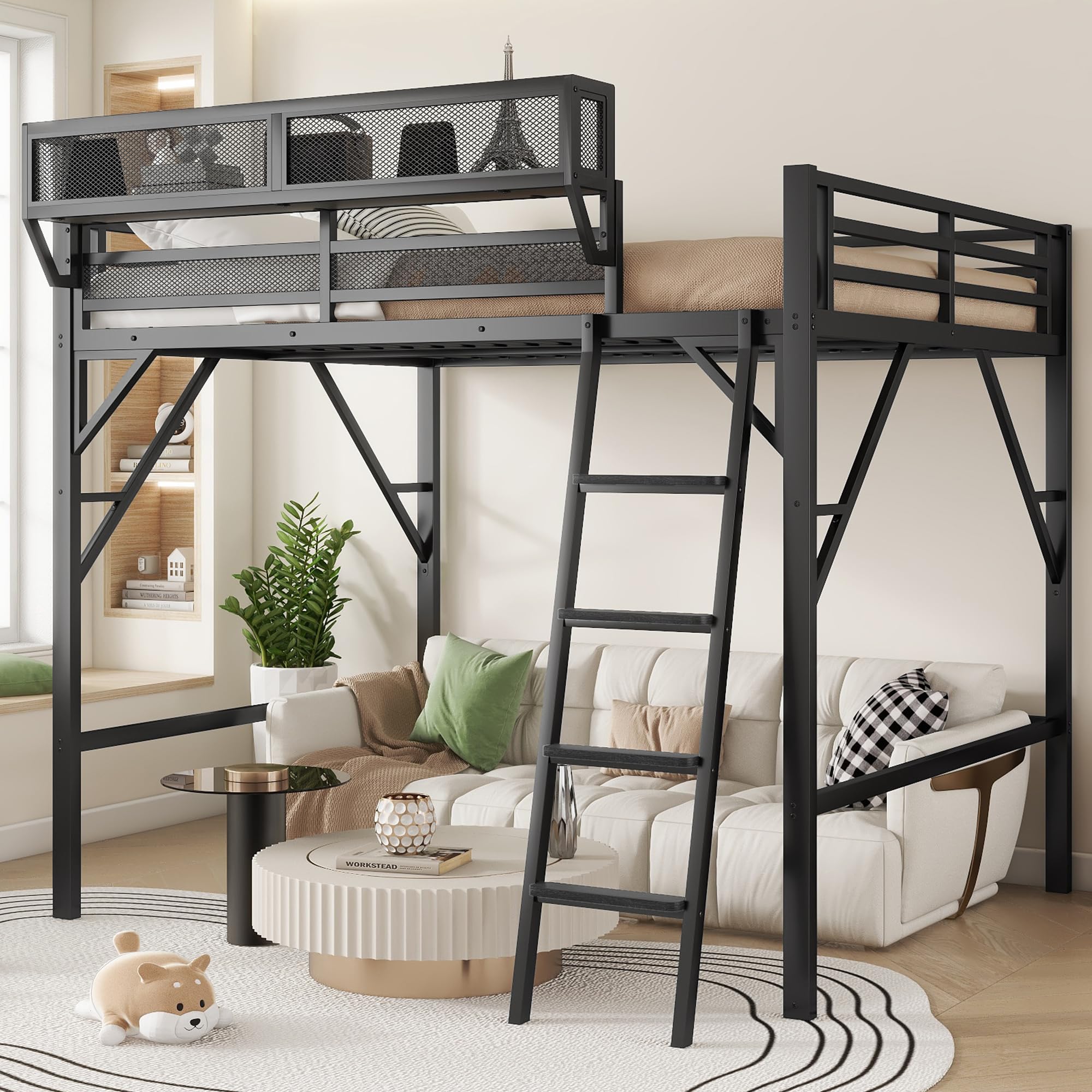 Photo 1 of KEIKI Queen Size Metal Loft Bed Frame with Ladder and Built-in Storage Shelves, for Teens, Modern Style Loft Bed with Solid Slats, Guardrail, No Box Spring Required, Easy Assembly, for Bedroom, Black