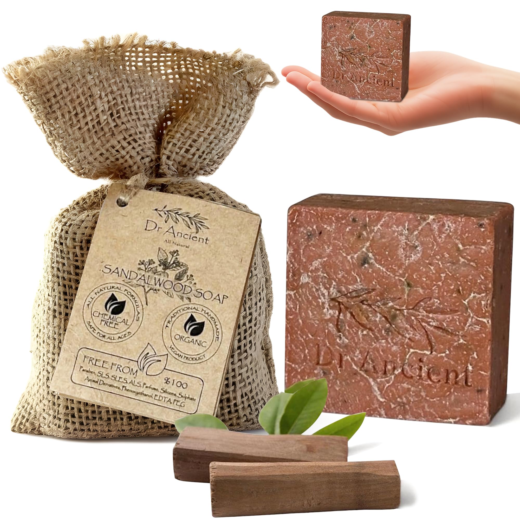Dr.Ancient Sandalwood Soap Bar, Organic Soap Bars Handcrafted the Traditional Way, Natural Chemical-Free, Vegan, Used for Face Wash, Body Wash, and Hand Cleansing, Moisturizing, Nourishing Care